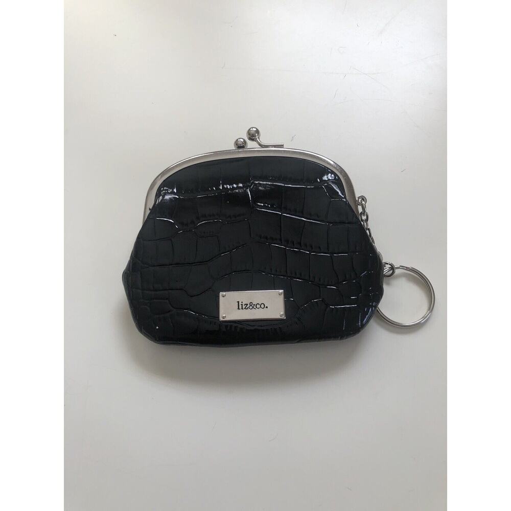 Liz Claiborne Black Embossed Croccodile Faux Leather Change Purse 4”x 5.5”x 1”